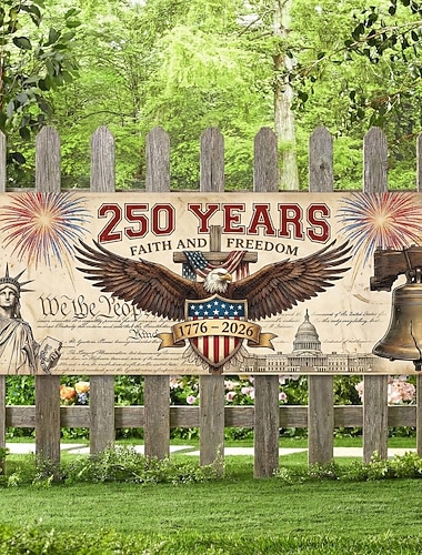  Banner zum 250. Jahrestag der Unabhängigkeit der USA: Gedenkmotiv mit Adler, Freiheitsglocke und Wahrzeichen, die Glaube und Freiheit feiern (1776–2026), in Rot und Blau.