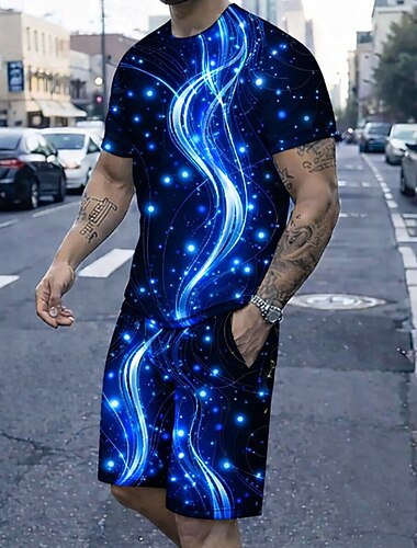  Herre Geometrisk Linje 2stk T-skjorter sett Sommertopper Kortermet Korte bukser Crew-hals Sport Fritid hverdag Daglig Feriereise 3D-utskrift Sommer Blå Rød Grønn