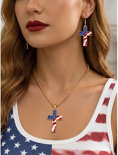  Σετ σκουλαρίκια κολιέ με σταυρό από κράμα γυναικών, χρυσά και ασημένια πατριωτικά κοσμήματα, σετ σκουλαρίκια με μενταγιόν αμερικανικής σημαίας για την 250ή επέτειο των ΗΠΑ, την ημέρα ανεξαρτησίας, την καθημερινή ένδυση και τις διακοπές