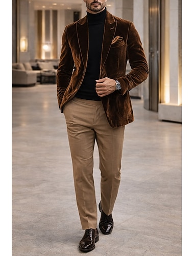  Homme Blazers en velours Col de fermeture ancien Mode Occasionnel Couleur Unie Blazer Marron Coupe sur mesure à boutonnage simple à 2 boutons