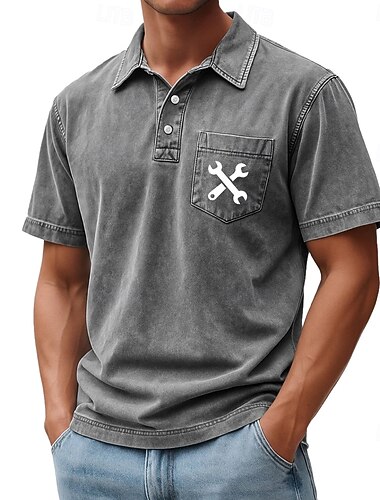  Voor heren Grafisch Acid Wash-shirt 100% Katoen Korte mouw Poloshirt Revers Casual Sportkleding Zak 3D-afdrukken Knop Lente zomer blauw Bruin Groen