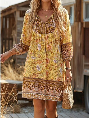  Mulheres Minivestido Vestido Boho Vestido casual Vestido estampado Elegante Moda Moderno Ao ar livre Praia Férias Normal Floral Manga Longa Decote V Amarelo Rosa Azul Marinha Laranja Verão Primavera