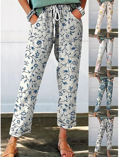  Damen Chinos Gerade Urlaub Streetwear Lässig Volle Länge Mittlere Taillenlinie Blumen Grafik Kordelzug Tasche Drucken Bequem Komfort Atmungsaktiv Mikroelastisch Täglich Outdoor Streetwear Blau