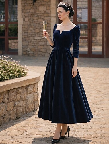  A-linje Ankellång Festklänning Cocktail klänning Bröllopsgästklänning Klänning till brudens mor Långärmad V-hals Elegant Bröllopsgäst Bröllopsfest Sammet med Plisserat