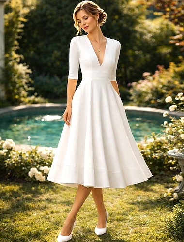  Ligne A Longueur thé Robes de mariée Robes pour enterrement de vie de jeune fille robe de mariée ancien Années 1940 / 1950 Petites Robes Blanches Demi Manches Col en V Remise des Diplômes Anniversaire