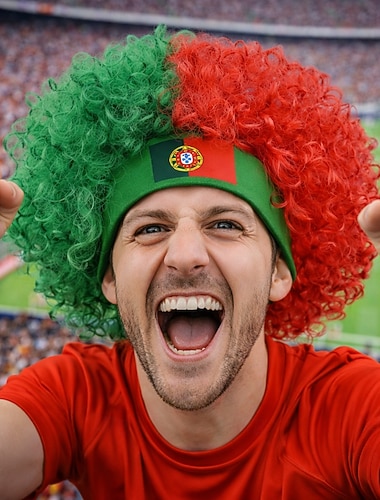  Perruque afro rouge et verte du Portugal pour les événements sportifs