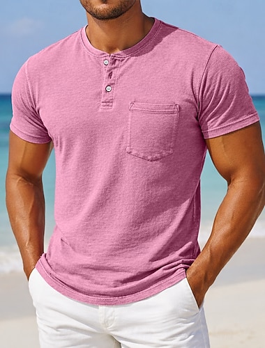  Herren Henley Hemd Hemd aus 100 % Baumwolle in Säurewaschung Kurzarm Henley Sommer Frühling Herbst Retro Vintage Lässig Vintage-Stil Stückgefärbt Gewaschen Lässig Hellblau Schwarz Rosa Top T-Shirt