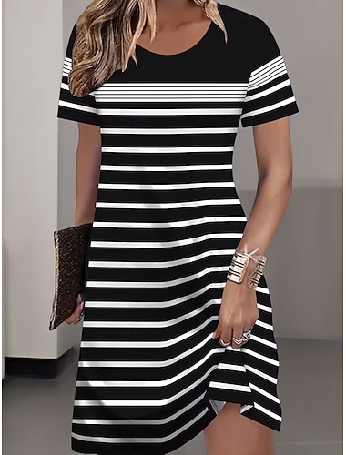  Per donna Abito Midi Abito a Tubino Vestito T-Shirt Abito Estivo Casual Quotidiano Vestibilità regolare Grafico Geometrico A righe Manica Corta Girocollo Blu Nero Rosso Estate Primavera
