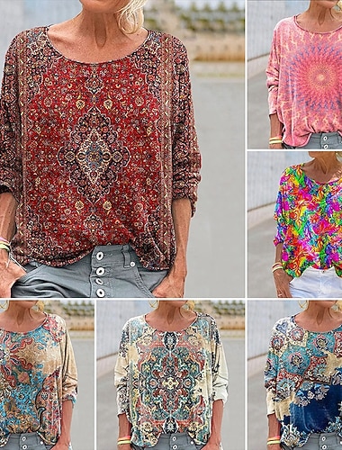  Naisten Boho paita Pusero Tilkkutäkki Painettu Kuvitettu Vintage Tyylikäs Klassinen Pitkähihainen Tiukka pyöreä kaula-aukko Tavalliset topit Päivittäin Pyhäpäivä Bile Punastuvan vaaleanpunainen Viini