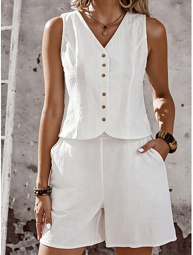  Per donna Set di biancheria in cotone Set di Pantaloncini Senza Maniche Scollo a V Semplice Moda Streetwear Casuale Quotidiano All'aperto Bianco Arancione Verde Estate Vestibilità comoda