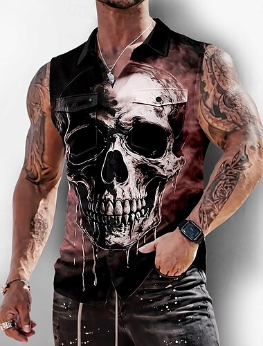  Herren Schädel Skelett Horror Hemd Knopfhemd Ärmelloses Shirt Ärmellos Dunkler Gothic-Stil Outdoor Lässig Sommer Frühling Umlegekragen 3D-Druck Zwei Fronttaschen Blau Rosa Purpur Grün
