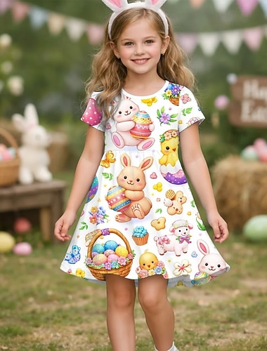  Ostern Mädchen' 3D Grafik Kaninchen Kleid Kurzarm 3D-Druck Sommer Frühling Täglich Urlaub Party Niedlich Basic Lässig Kinder 4-12 Jahre Freizeitkleid A Linie Kleid Knielang Normale Passform