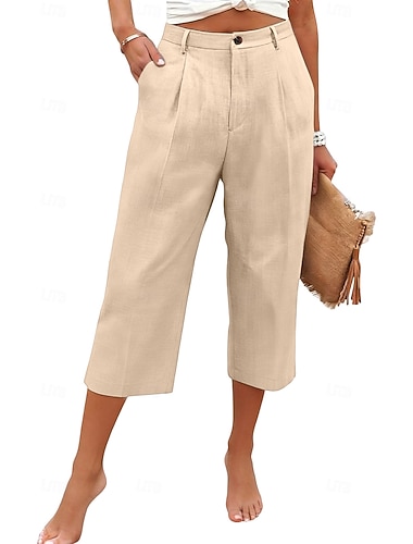  Damen Caprihose Leinenhosen Hose Freizeithose Urlaub Mode Basic Wadenlang Mittlere Taillenlinie Einfach Tasche Gerader Schnitt Leicht Bequem Atmungsaktiv Unelastisch Täglich Straße Ferien Schwarz