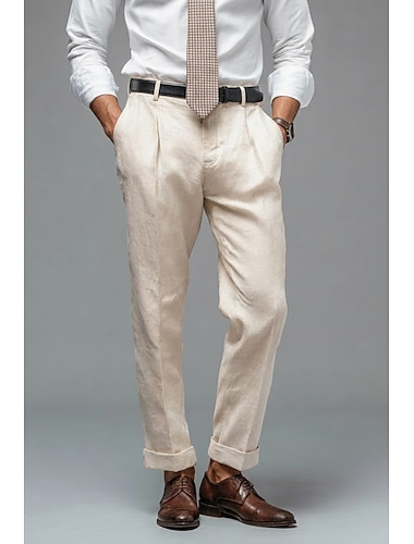  Pour des hommes Coton Lin Dress Pants works Pantalon décontracté Affaires Soirée Élégant Classique Noir Blanche Kaki Couleur Unie Coupe sur mesure Long Non Elastique