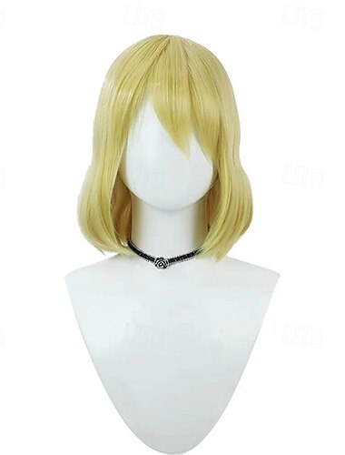  Peruca curta loira estilo bob com franja, perfeita para cosplay de aventureira do oceano.
