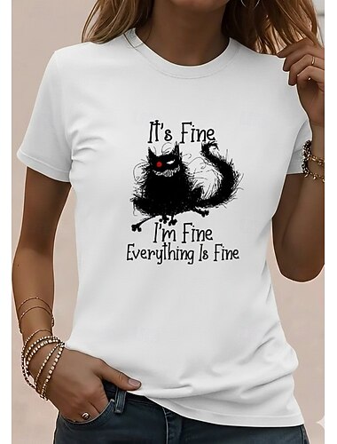  Dames T-shirt met grappige citaten, print, grafische tekst, stijlvol, klassiek, casual, korte mouwen, ronde hals, normale pasvorm, dagelijks, weekend, wit/zwart, grijs, zomer, lente, herfst, winter