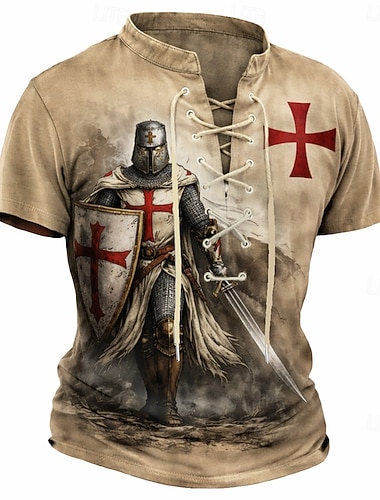  Herren Kreuzritter Tempelritter Kreuzritter Mittelalter Retro T-Shirt All Over Print Schnür-V-Ausschnitt Kreuz Kurzarm Oberteil Casual Streetwear Designer Kleidung Apparel