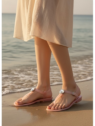  Elegante zwarte jelly sandalen voor dames - waterdichte teenslippers met T-bandje en sprankelende strass-accenten, perfect voor strandvakanties en uitstapjes naar badplaatsen. &zomerse dagelijkse