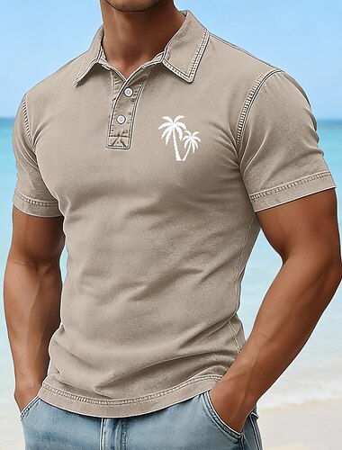  Voor heren Palmboom Acid Wash-shirt 100% Katoen Korte mouw Poloshirt Overhemden met kraag Hawaii Casual Buiten Feestdagen Vakantiekleding 3D-afdrukken Knop Lente zomer blauw Paars Bruin