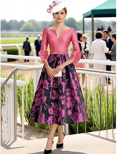  A-Linie Tee-Länge Cocktailkleider Partykleider Ausgestelltes Kleid Elegant Dreiviertelarm V Ausschnitt Gartenparty Hochzeit Satin mit Schleife(n)