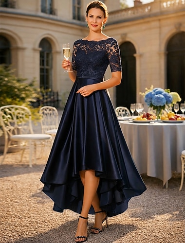  Linea ad A Asimmetrico Lunghezza Tè Vestito da Festa Abito da Cocktail Abito da invitata a nozze Abito da cerimonia per signora Manica Corta Scollo Tondo Elegante Alto Basso Ospite di nozze