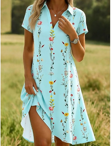  Damen Minikleid A Linie Kleid Urlaub Lässig Boho Täglich Strand Normale Passform Blumen Grafik Kurzarm Revers Blau Weiß Hellgrün Rosa Sommer Frühling