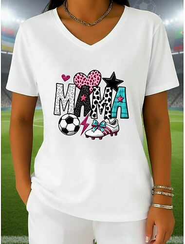  בגדי ריקוד נשים חולצה קצרה טופ טי דפוס גראפי כדורגל מסוגנן קלסי יום יומי שרוולים קצרים צווארון V חולצות רגילות יומי ספורט ליציאה שחור לבן ורוד מסמיק אפור קיץ אביב