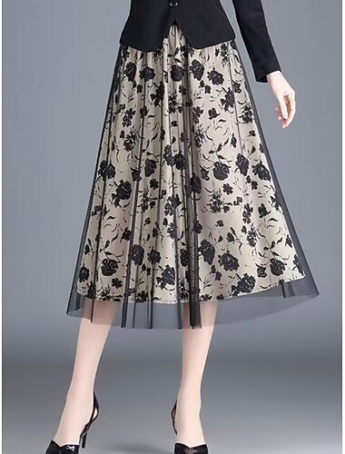  Damen Urlaubsrock Mode Lässig Midi Hohe Taille Röcke Blumen Geschichtet Druck Mikroelastisch Täglich Straße Schwarz Sommer Polyester