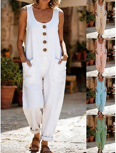  Dámské Běžný Kombinéza Aktivní Pevná barva Bez rukávů Široké nohavice Do U Kapsy Knoflíky Denní Dovolená Běžný Bílá Světlá růžová Trávová zelená Léto