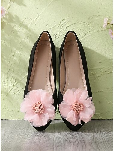  Women's Black Ballet Flats with Floral Decoration – Elegant Dress Shoes for Wedding, Party, Date & Daily Wear