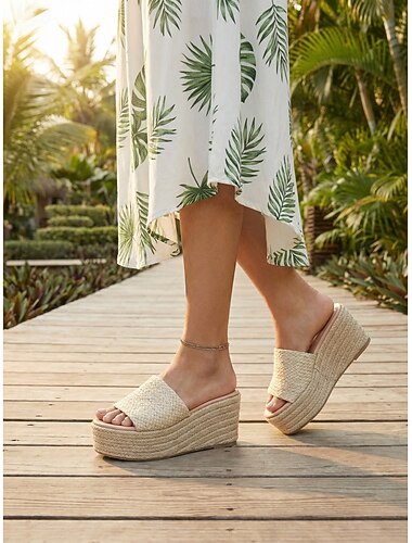  Sandales compensées espadrilles abricot chics pour femmes - mules à plateforme tressées confortables pour les séjours en plein air et les vacances à la plage &tenues bohèmes d'été
