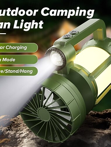  Utendørs solcelledrevet type-c oppladbar bærbar lykt med stille campingvifte, hengende design, IP44 vanntett, multifunksjonell LED-lampe for camping, hjemme, utendørs bruk