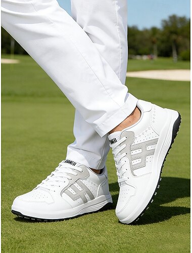 Witte sportieve golfsneakers voor heren, duurzaam bovenwerk, gedempte tussenzool, antislip profiel, geschikt voor golf, training en buitensporten.