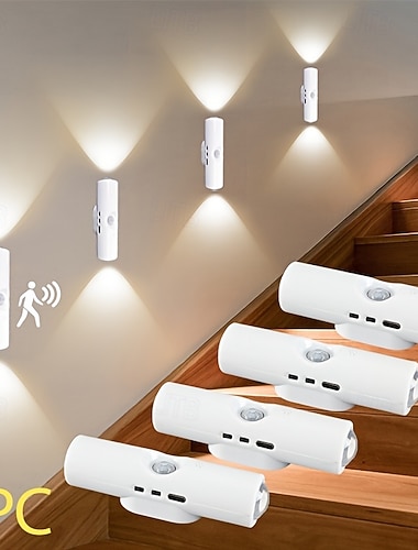  4 magnetische, smarte, per USB aufladbare Nachtlichter mit Bewegungssensor, dreifarbig dimmbar mit stufenloser Helligkeit, 3 Beleuchtungsmodi, LED-Lampen für den Innenbereich, Treppenhaus, Badezimmer,