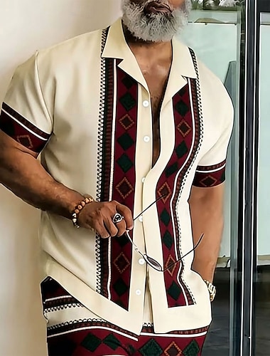  Herren Geometrisch Gestreift 钻石纹 Hemd Knopfhemd Camp-Kragenhemd Kurzarm Modisch lässig Streetwear Urlaub Sommer Frühling Kubanisches Halsband 3D-Druck Blau Hellkaki Grün