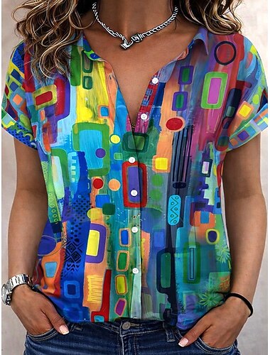  Dames Overhemd Grafisch Geometrisch Gestreept Vintage Tropisch Stijlvol Korte mouw Overhemdkraag Normale tops Dagelijks blauw Grasgroen Groen Zomer Lente