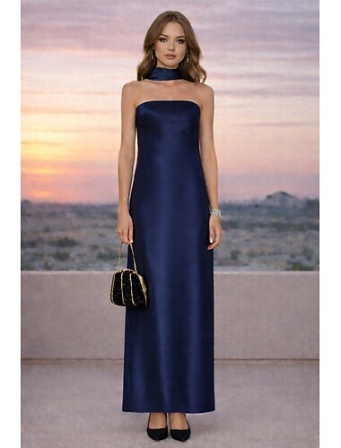  Schlauchkleid Bodenlang Abiballkleider Elegant Ärmellos Trägerlos Formell Schwarze Krawatte Charmeuse mit Mit Trägern