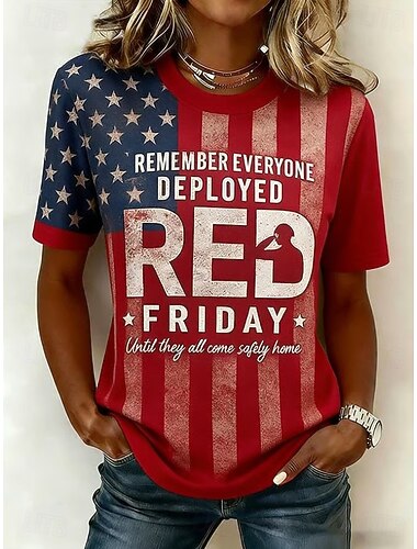  dam röd fredags-t-shirt grafisk bokstäver snygg klassisk avslappnad kortärmad rund hals vanlig toppar daglig utekväll helg röd sommar vår