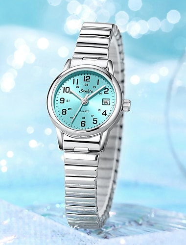  Damenuhr, gut ablesbar, Quarzuhr mit Edelstahl-Dehnarmband, türkisblauem Zifferblatt mit Datumsanzeige, wasserdicht, modische Freizeituhr für Damen und Mädchen