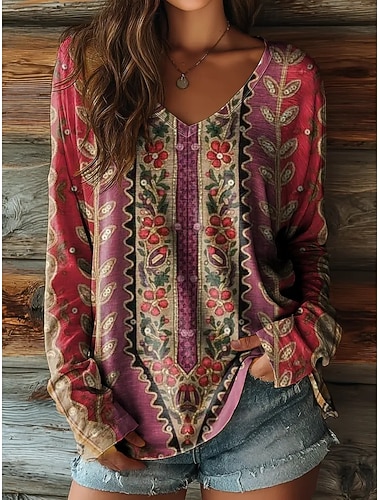  Per donna Maglietta Stampato Floreale Grafico Vintage Casual Boho Manica Lunga Scollo a V Top Regolari Quotidiano Blu Viola / Viola scuro Viola Verde Primavera Autunno