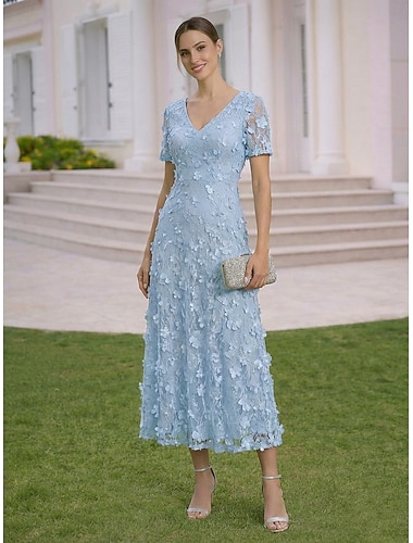  Ligne A Longueur thé Robe de Cocktail Robe d'invité de mariage Robe de Soirée Élégant Manche Courte Col en V Formel Kentucky Derby Dentelle Tulle avec Broderie Appliques