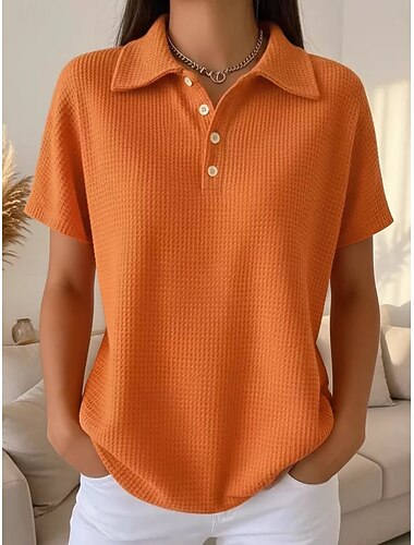  Dames Wafel Shirt T-shirt Poloshirts T-shirts Lapwerk Knop Effen Stijlvol Klassiek Modern Korte mouw Polo kraag Normale tops Dagelijks Feestdagen Uitgaan Zwart Wit Rood Oranje Grijs Zomer Lente