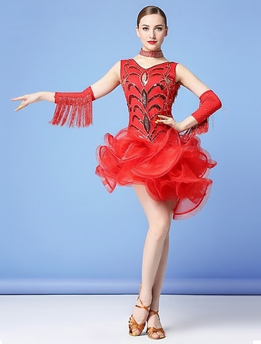  Robe de scène latine rouge sans manches à paillettes pour femme