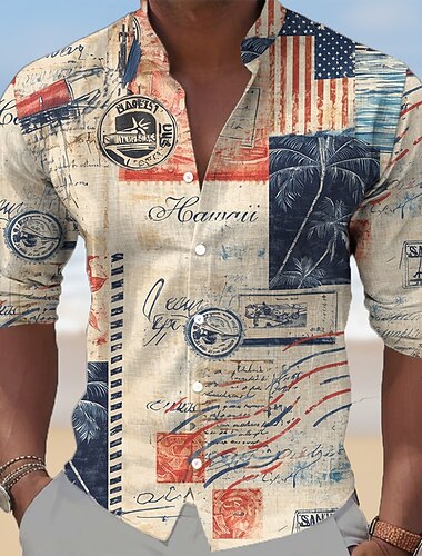  Férfi Színes Kókuszfa Amerikai amerikai zászló Ing Hawaii ingek Álló galléros ing Hosszú ujj Hawaii Vintage Retro Hétköznapi Vakáció Tavasz Ősz Mandarin gallér Álló gallér 3D nyomtatás Gombolhat