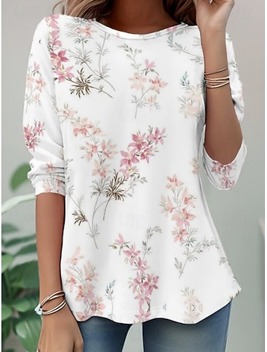  Per donna Maglietta Stampato Floreale Grafico Piante Elegante Classico Moderno Manica Lunga Girocollo Top lunghi Quotidiano Weekend Abbigliamento da vacanza Nero Bianco Giallo Verde chiaro Rosa