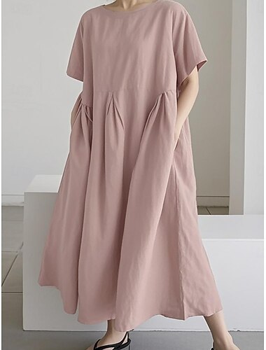 Damen Midikleid Baumwoll Mischung Freizeitkleid Baumwoll-Leinenkleid Elegant Mode Modern Täglich Outdoor Urlaub Lässiger Schnitt Einfach Kurzarm Rundhalsausschnitt Schwarz Weiß Gelb Rosa Sommer