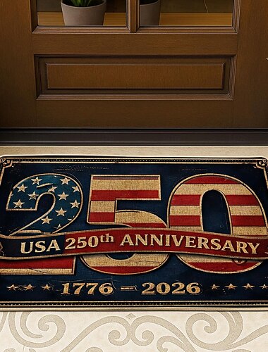  Tapete de entrada comemorativo do 250º aniversário dos EUA, ideal para o 4 de julho, com bandeira americana, águia-careca e fogos de artifício, além de balões patrióticos nas cores vermelho, branco e azul. Perfeito para decorar a entrada no Dia da Indepen