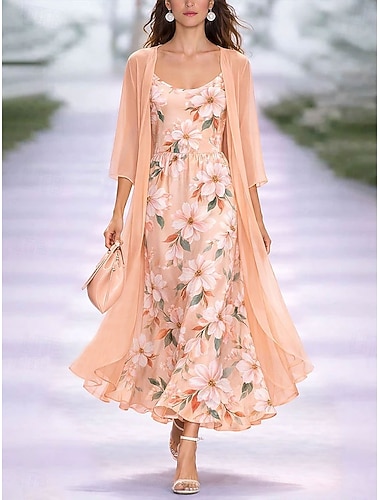  Damen Kleid-Set A Linie Kleid Elegant Urlaub Blumen Grafik Geschichtet Druck Maxikleid Dreiviertelarm V Ausschnitt Täglich Urlaub Rosa Purpur Orange Sommer Frühling Normale Passform