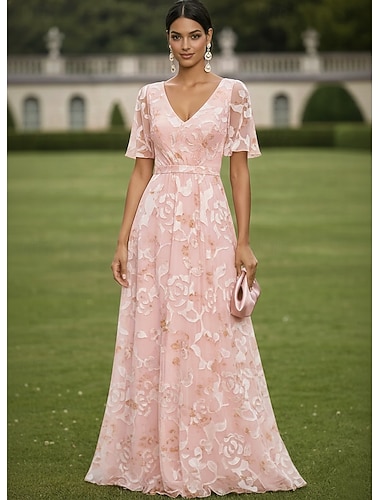  A-linje Kjoler Gulvlengde Gjestekjole til bryllup Aftenkjole Kjole til brudens mor Kortermet V-hals Båthals Elegant Enkel Utsmykket Formell Bryllupsgjest Ferie Chiffon Blonder med Blomstertrykk Blomst