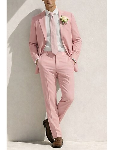  Menn Smokings Lindresser Strandbryllup Vårbryllup Hvit Rosa Vår sommer Dress Hakkjakkeslag Mote Fest Ensfarget Slank Fasong 2-delt sett Enkelt Brystet To-knapp